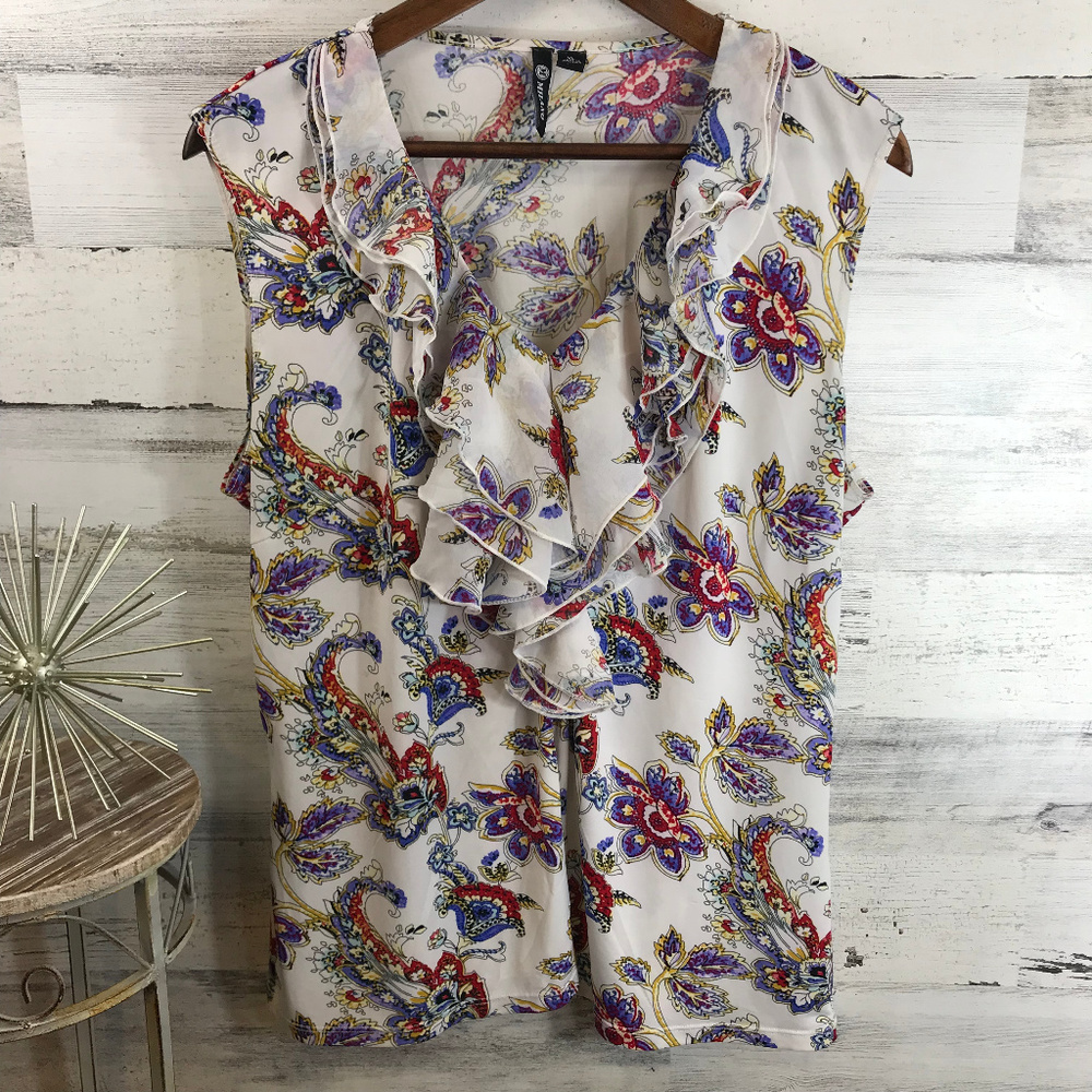 🔥4/20🔥Milano White Floral Ruffle Blouse [529b13]